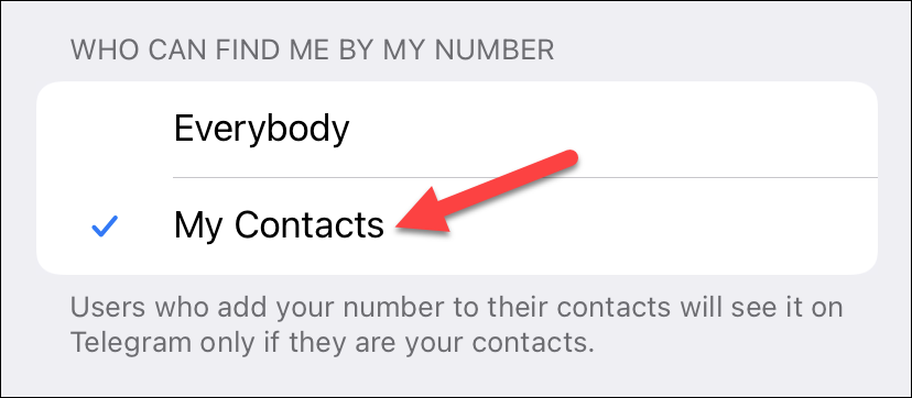 Опция Кто может найти меня по номеру в Telegram на iPhone