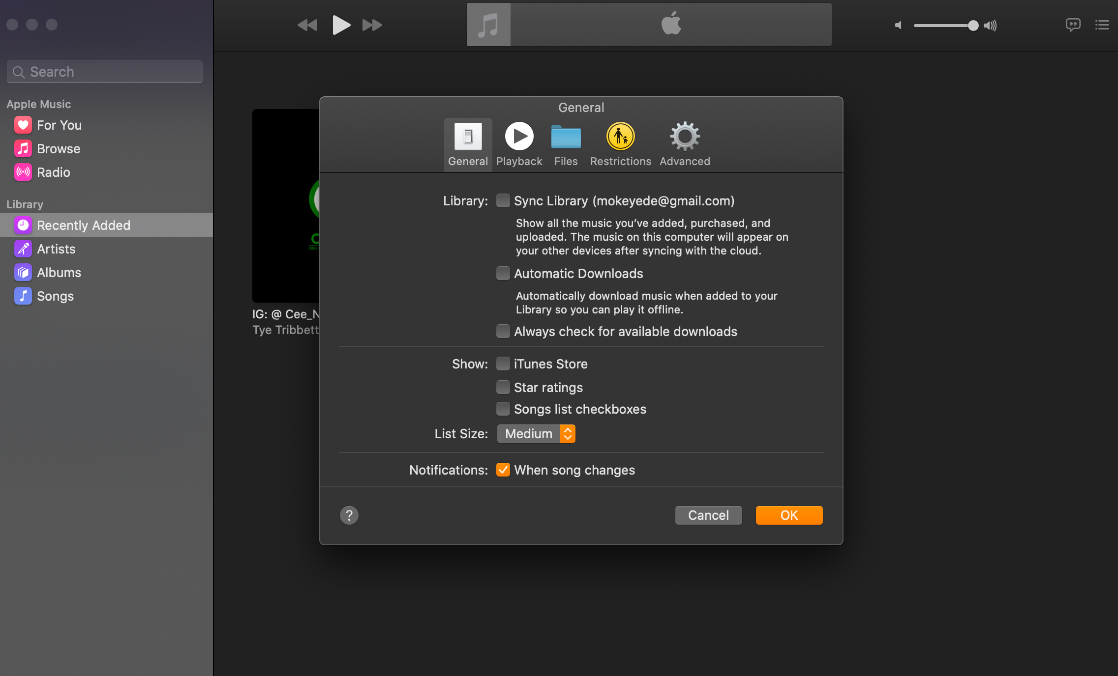 Настройки приложения Apple Music на Mac — вкладка Общие