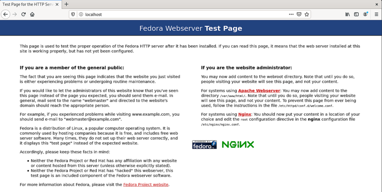 Тестовая страница Nginx на Fedora