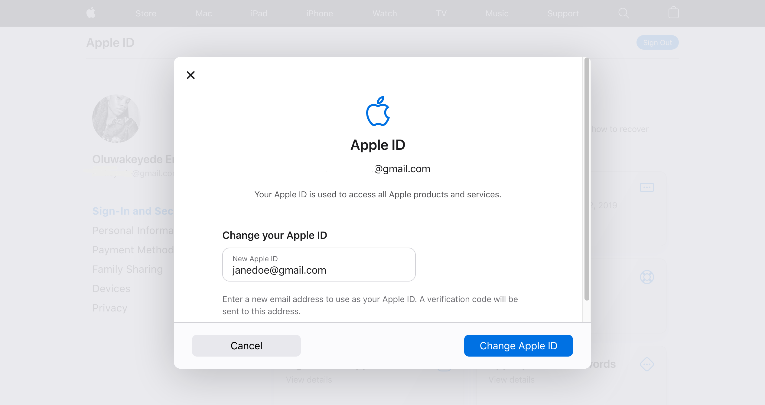 Форма для изменения адреса Apple ID на сайте