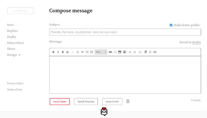 Окно создания письма в TinyLetter с полем темы и телом письма
