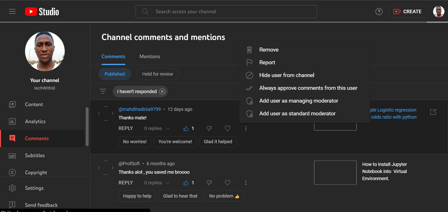 Опция «Скрыть пользователя» в YouTube Studio, список комментариев