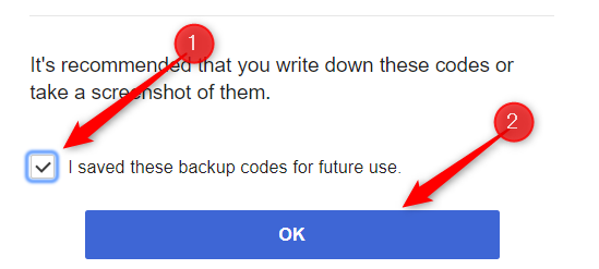 Подтвердите, что вы сохранили резервные коды