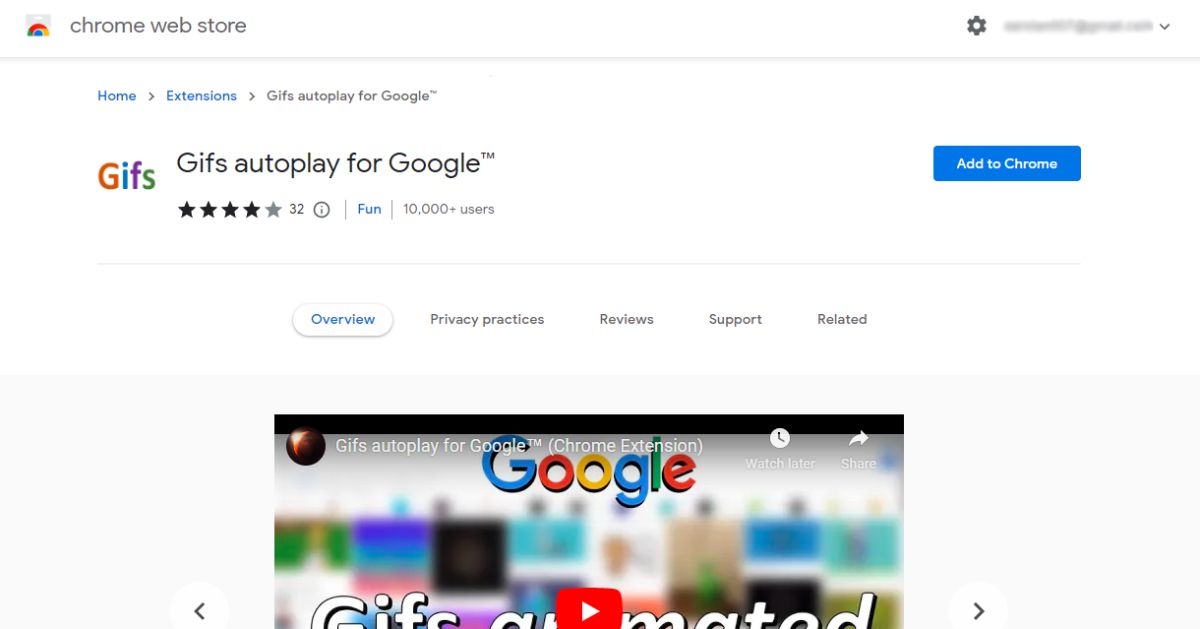 Страница расширения GIFs Autoplay для Chrome