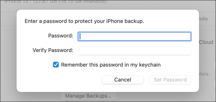 Установка пароля для резервной копии iPhone в Finder