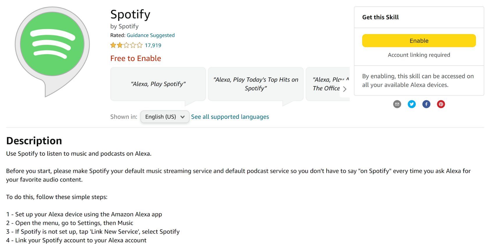 spotify alexa skill details page