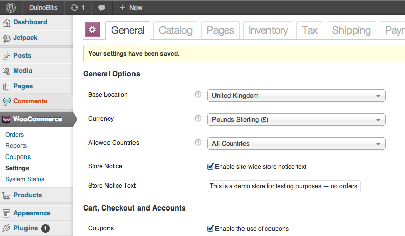 Скриншот общей страницы настроек WooCommerce