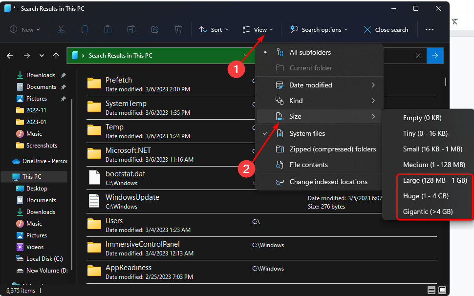 Опции поиска: сортировка по размеру для выявления крупных файлов