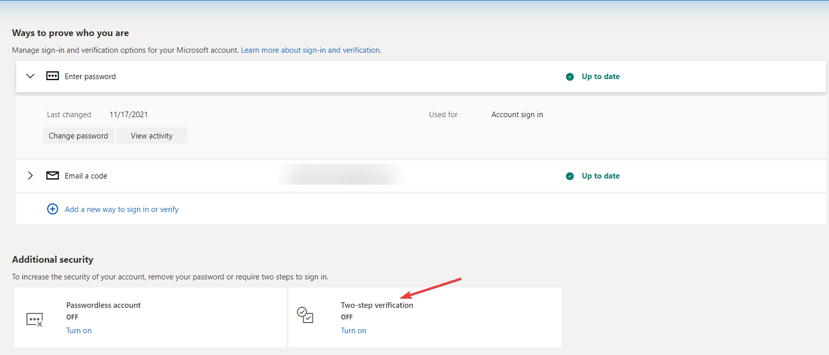 Включение двухэтапной проверки в аккаунте Microsoft