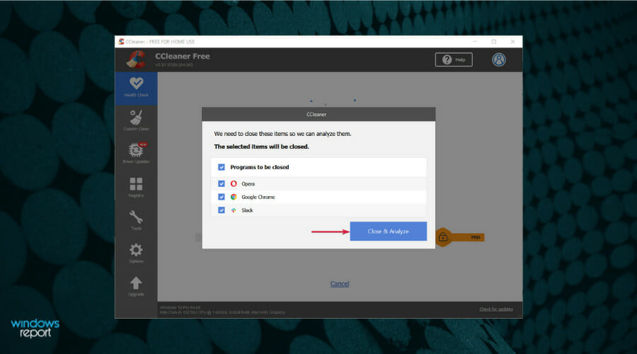 Окно с предложением закрыть приложения для анализа