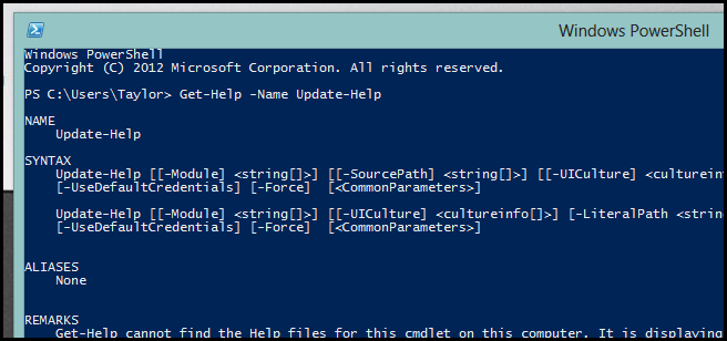 Пример Get-Help для команды Update-Help