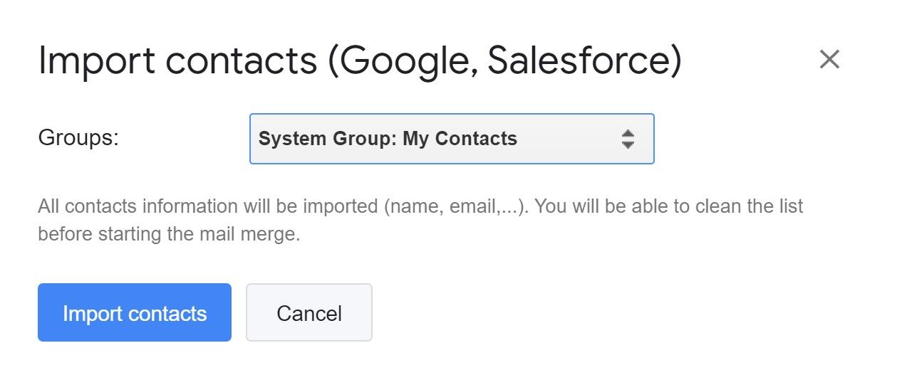 Окно импорта контактов в YAMM