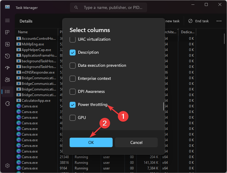 Столбец Power Throttling в Диспетчере задач