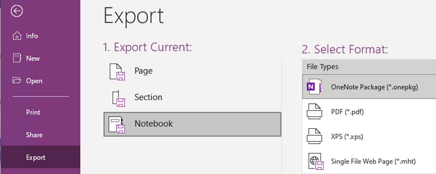 Пример диалога экспорта в OneNote на Windows