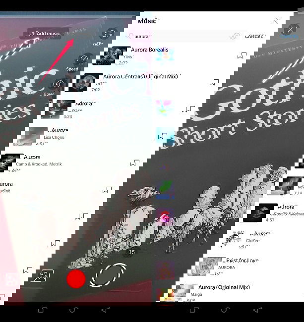 Окно добавления музыки в YouTube Shorts