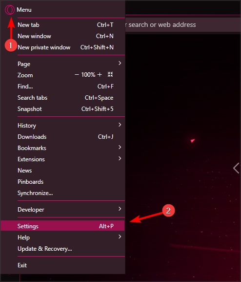 Меню Opera с пунктом Настройки