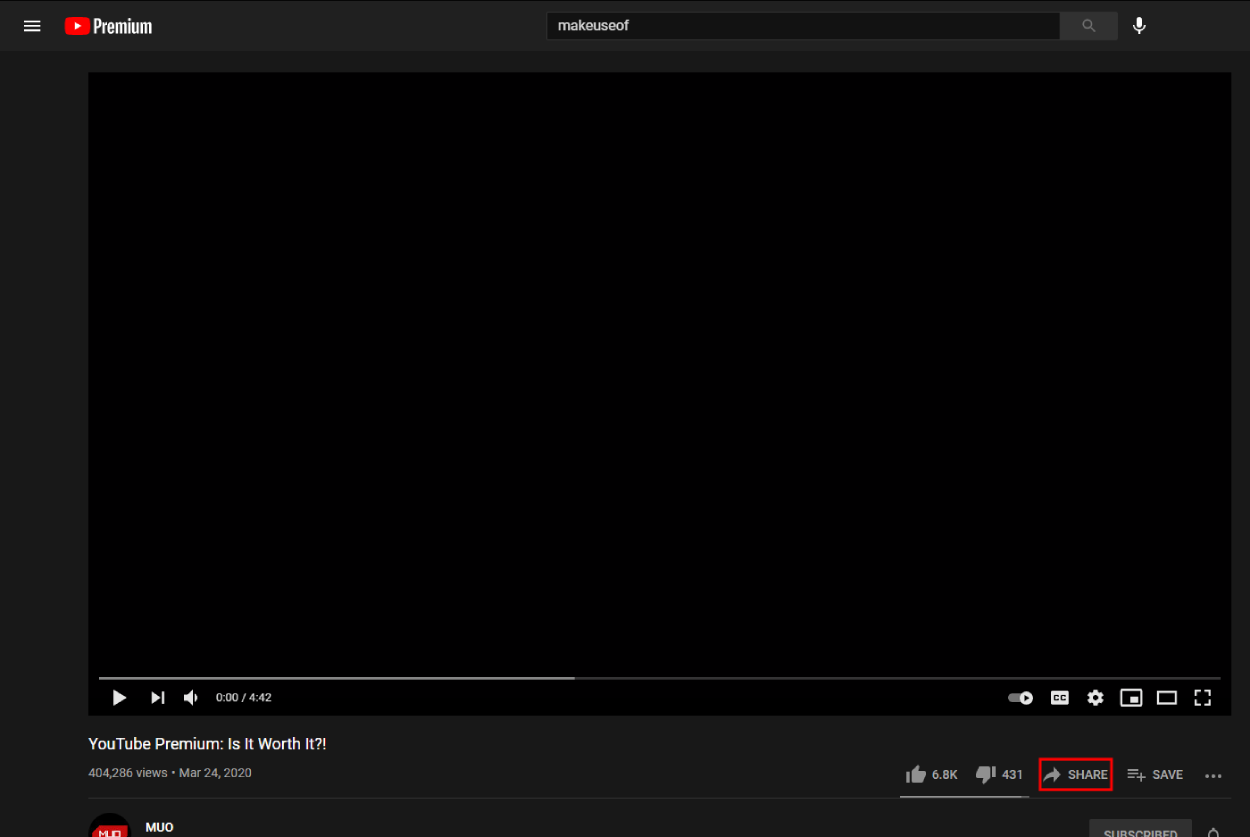 Кнопка 'Поделиться' на странице видео YouTube