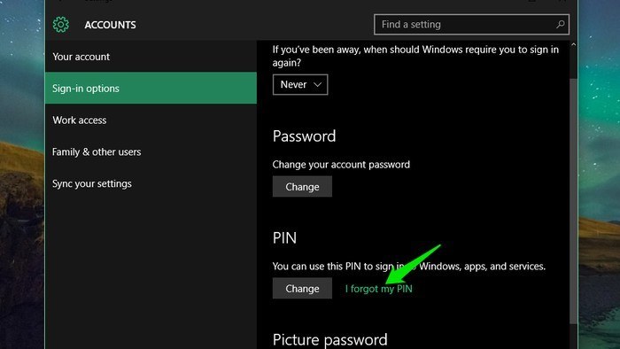 Окно сброса PIN в Windows 10