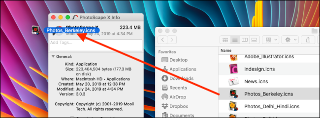 Перетащите файл ICNS на текущую иконку в окне «Показать информацию»