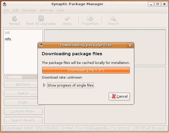 Процесс загрузки и установки пакетов ntfs-3g