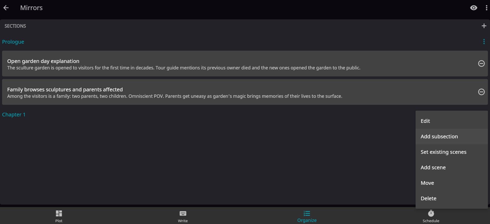 Организация разделов в Novelist