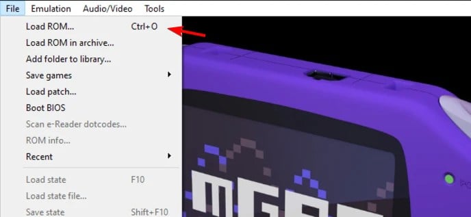 Открытие ROM в mGBA через меню Load ROM