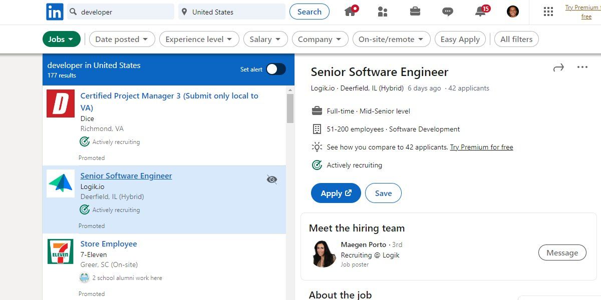 Интерфейс поиска работы в LinkedIn