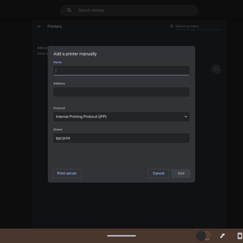 Ввод данных принтера вручную