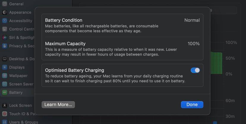 Скриншот настроек батареи на macOS с кнопкой отключения оптимизированной зарядки
