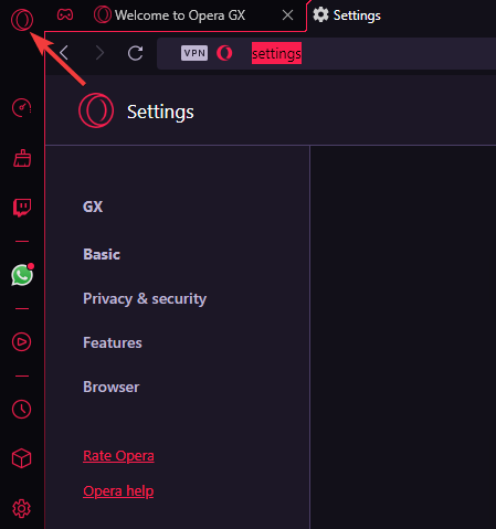 Меню Opera GX — нажмите красную букву O