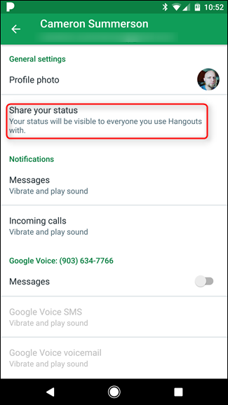 Пункт меню «Поделиться статусом» в настройках Hangouts