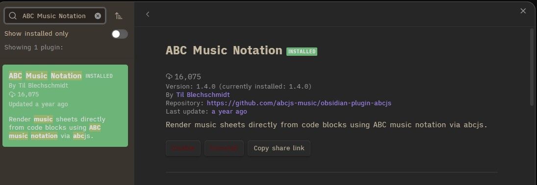 Плагин ABC Music Notation в разделе «Плагины сообщества» Obsidian