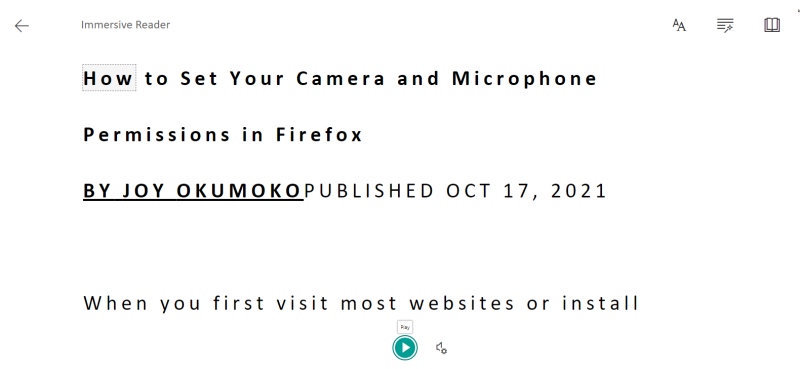 Кнопка Пуск в Immersive Reader