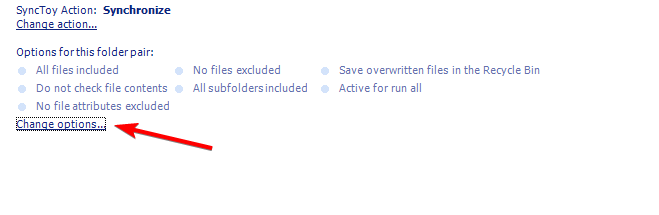 кнопка изменить параметры SyncToy