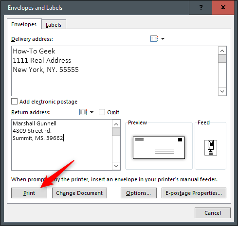 Кнопка Печать в окне Конверты и наклейки