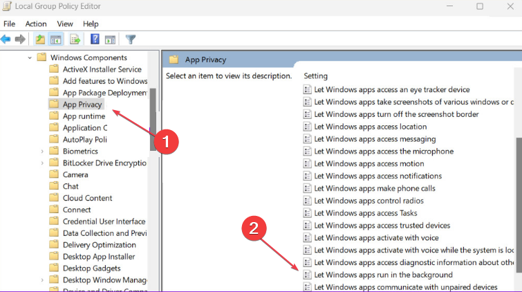 Параметр «Разрешить приложениям Windows работать в фоновом режиме»