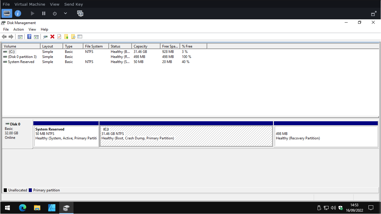 Скриншот Windows Disk Management после уменьшения образа