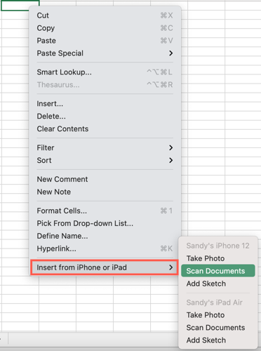 Щёлкните правой кнопкой и выберите Вставить с iPhone или iPad