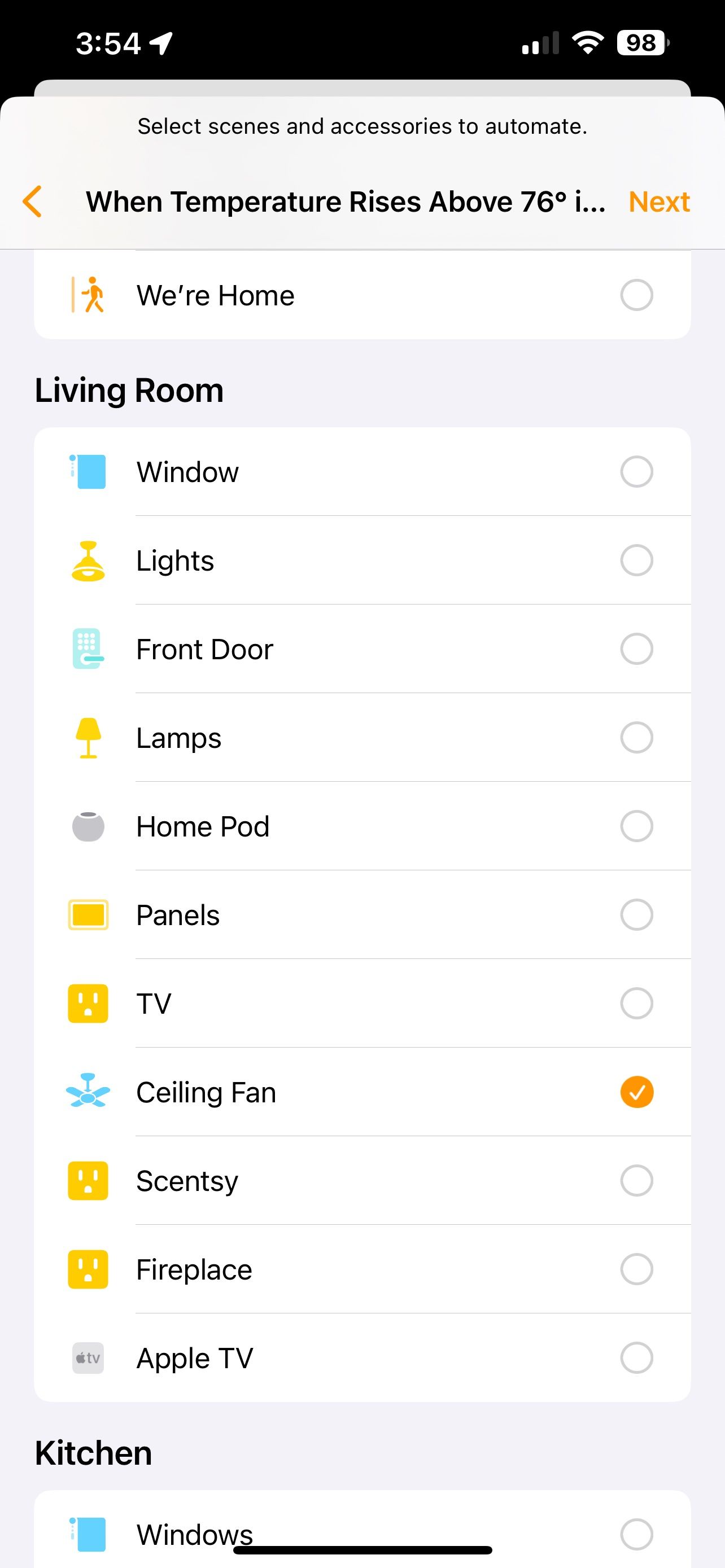 Apple Home App Temperature Sensor Automation Choose Scene or Accessory Screen