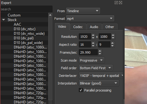 Панель экспорта и настройки