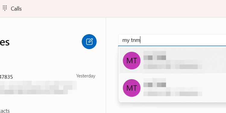 Поиск контакта в Phone Link на Windows.
