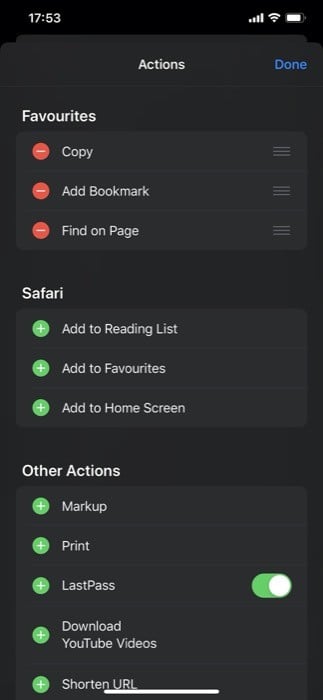 Добавление действий в Избранное и изменение порядка