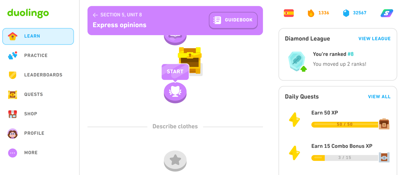 Скриншот почти завершённого юнита в Duolingo.