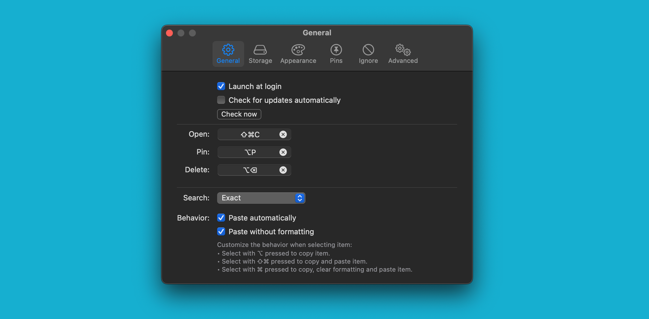 Настройки Maccy в macOS