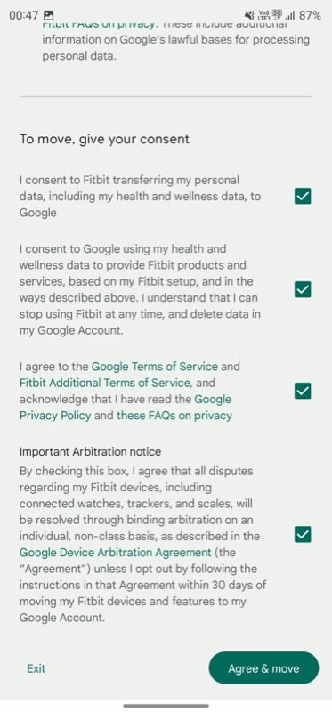 Подтверждение успешного переноса аккаунта Fitbit в Google