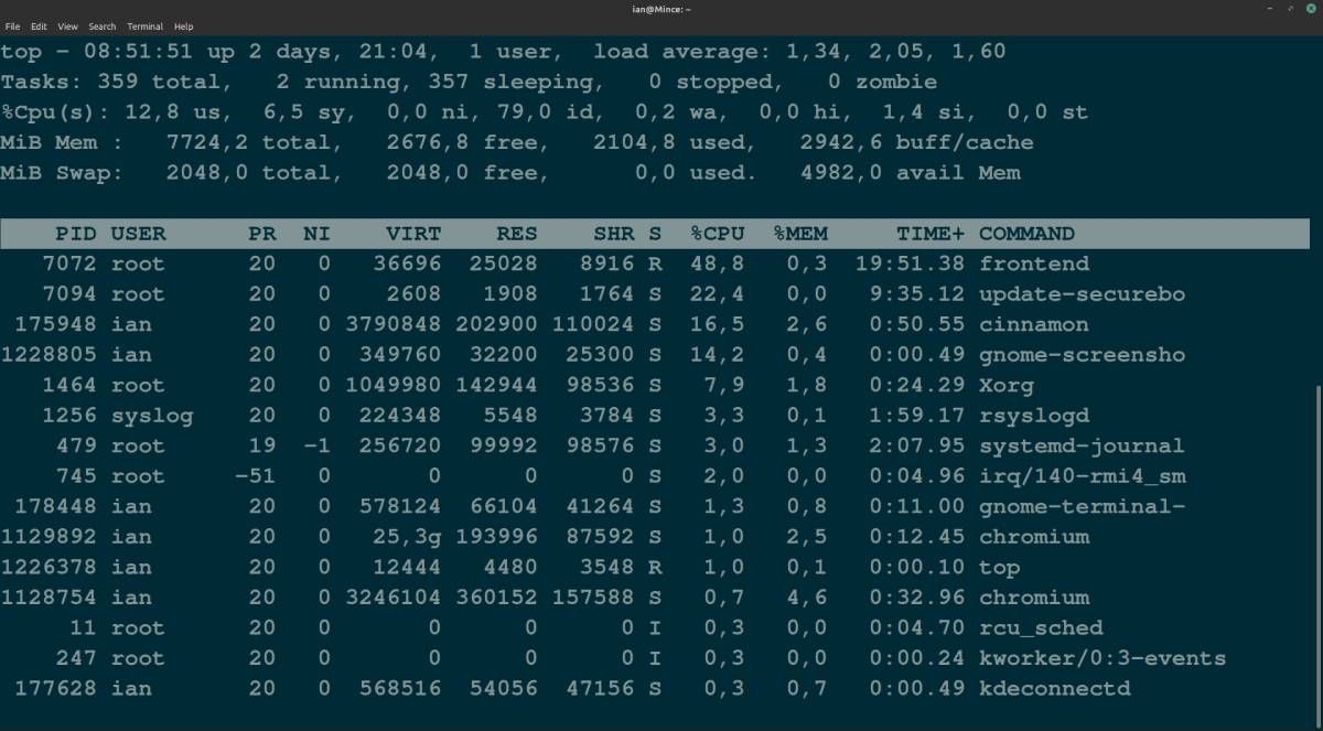 Вывод команды top с таблицей процессов Linux