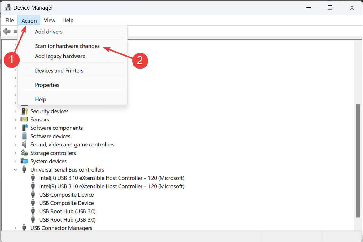 Сканирование изменений оборудования для обнаружения USB‑диска
