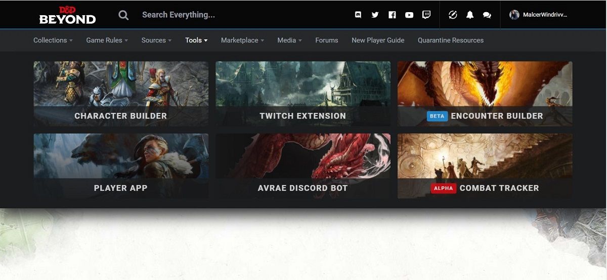 Меню инструментов D&D Beyond