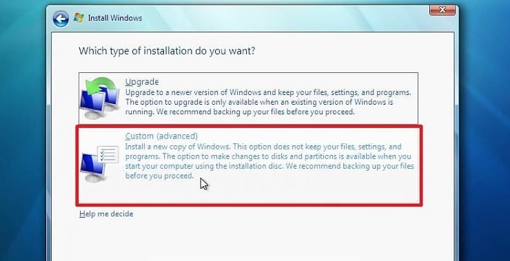 экран выбора типа установки Windows