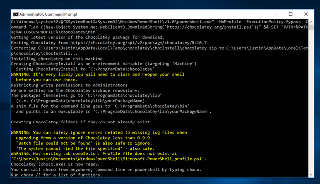 Процесс установки Chocolatey в окне командной строки